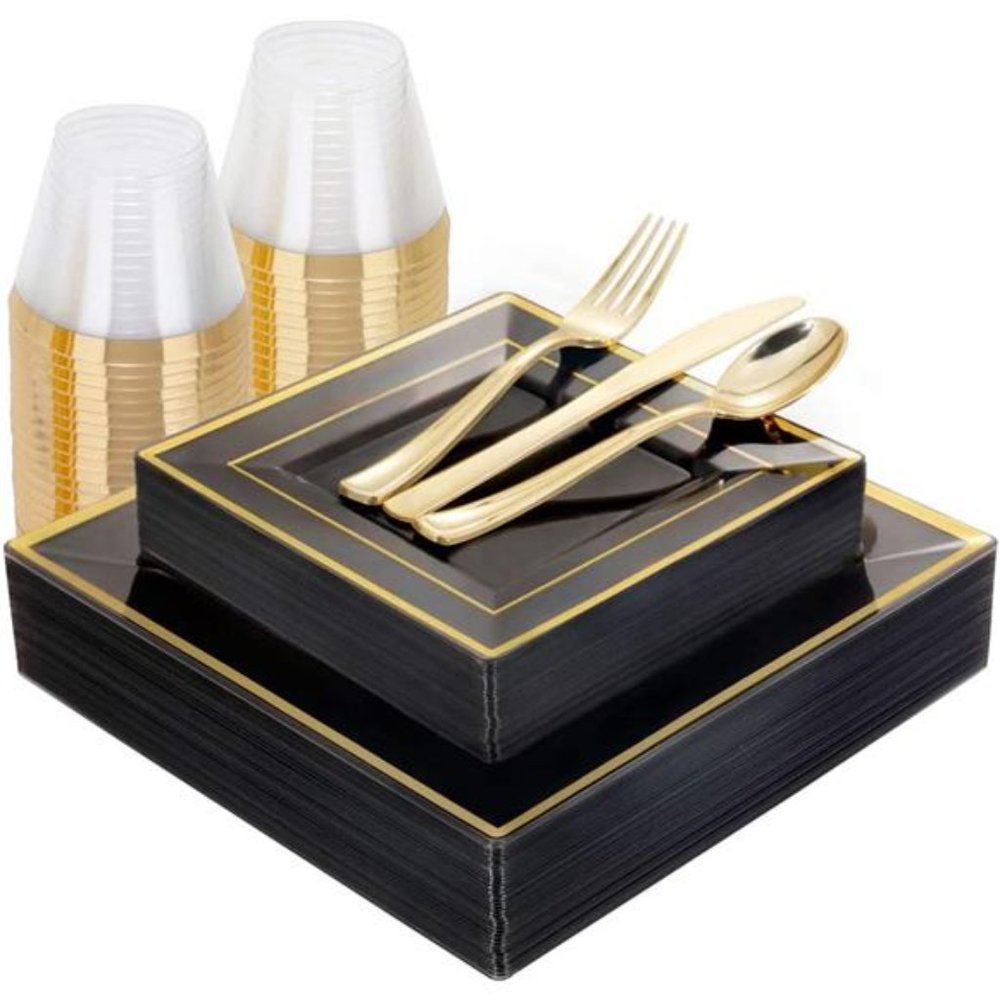 150 PCS Clear Black Plastic Plates, Disposable Silverware and Cups